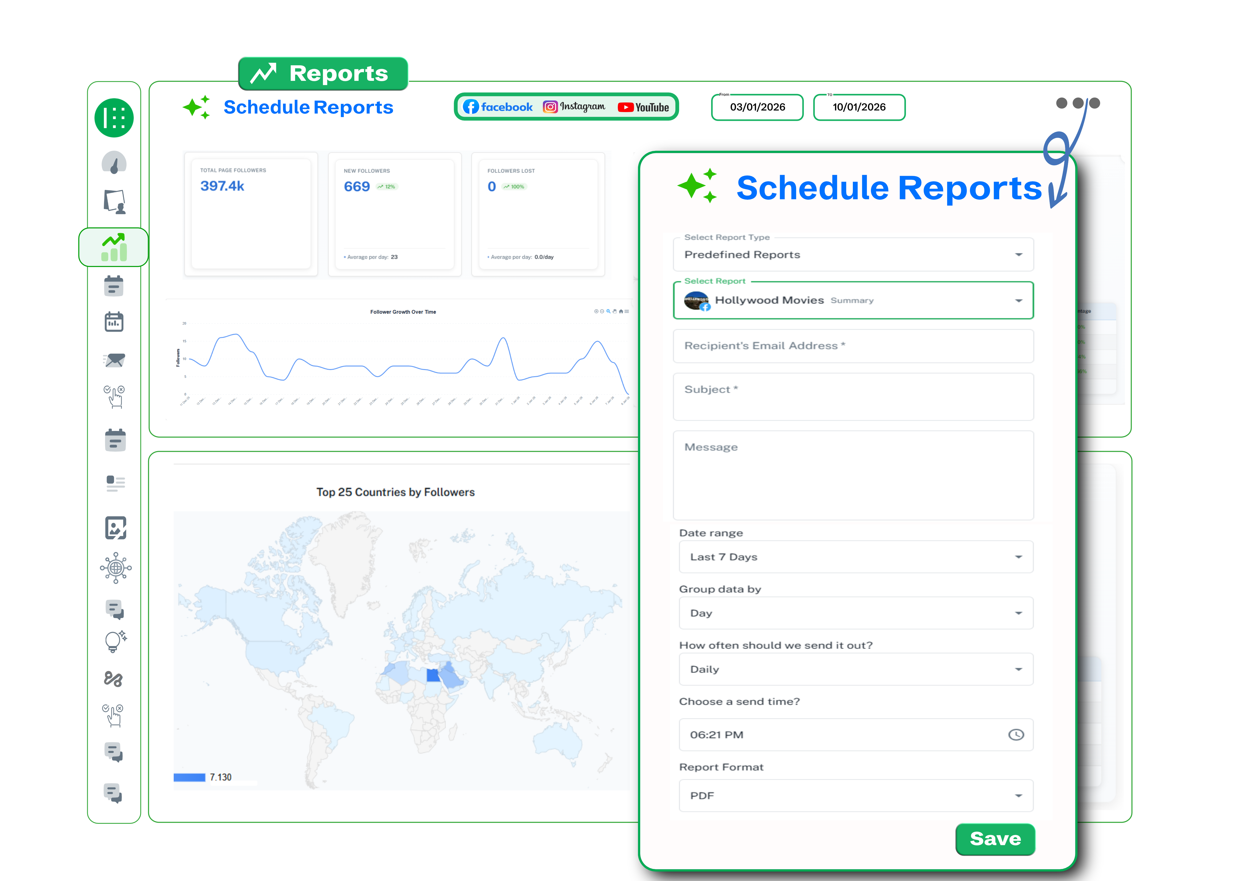 Brand2Social performance report showing creator follower growth engagement rate and top posts across platforms