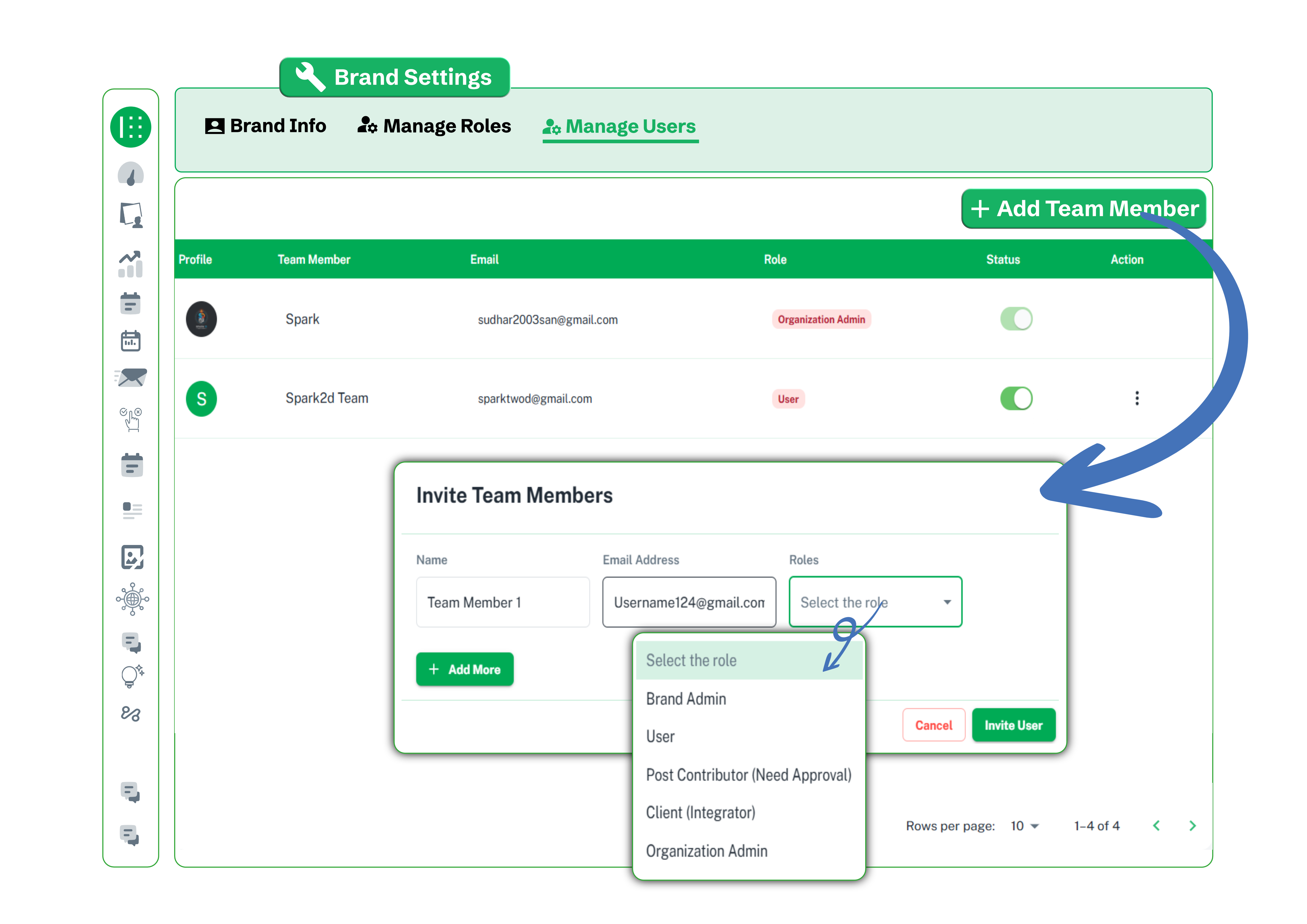 Invite team members form with role selection dropdown in brand settings