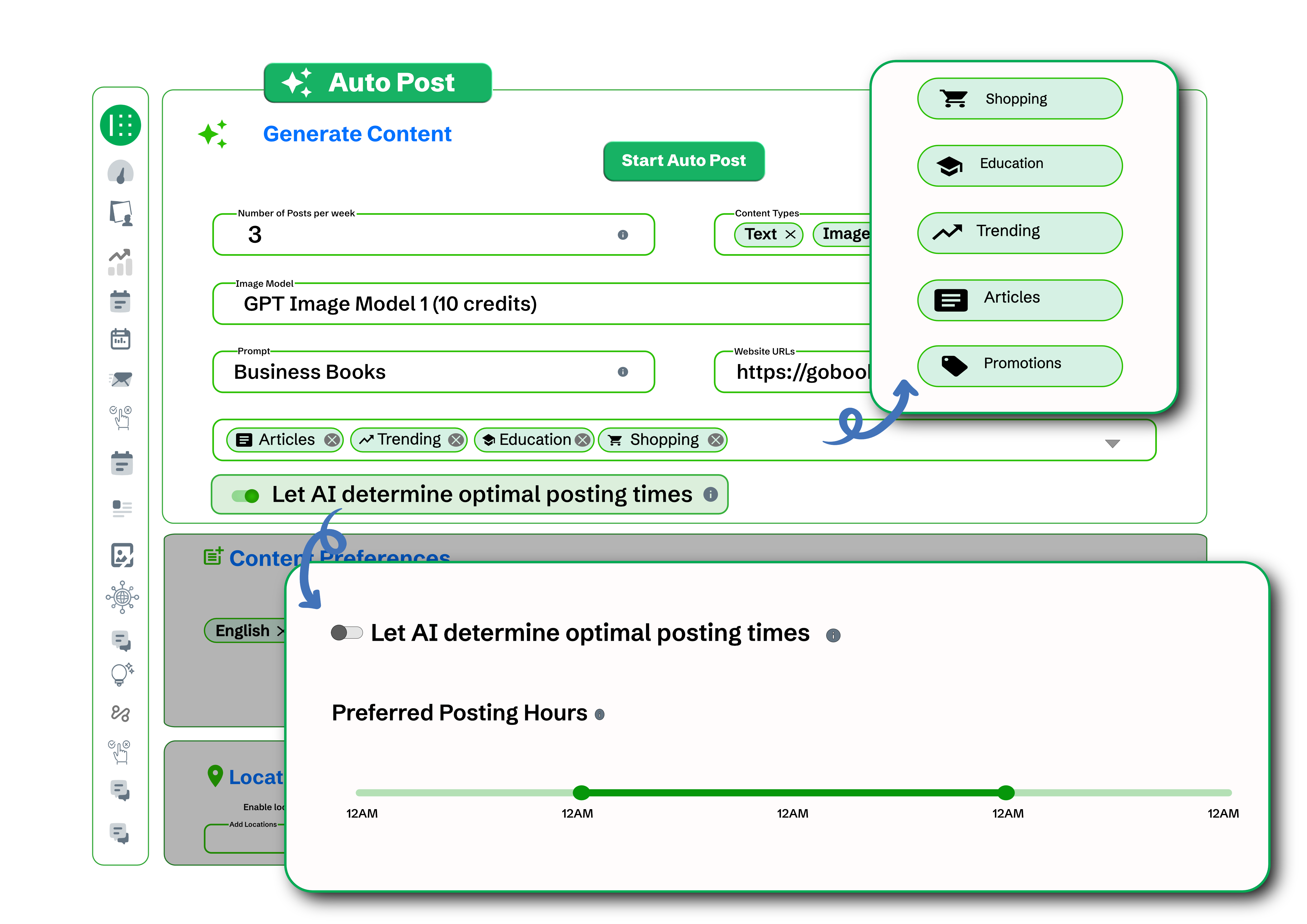 Brand2Social optimal posting time recommendation showing best times for a small business to post on social media