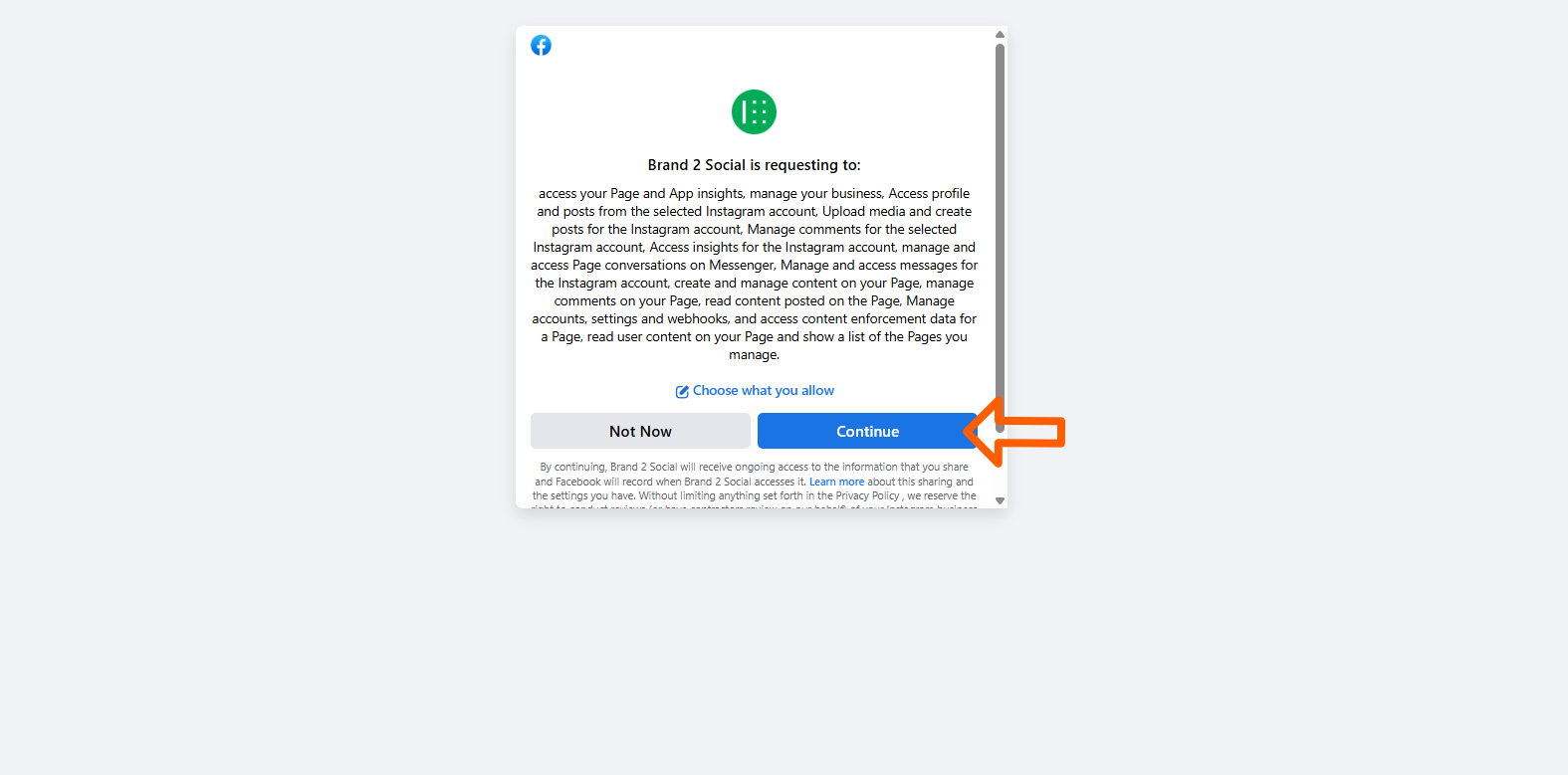 Facebook permissions review screen for Brand2Social