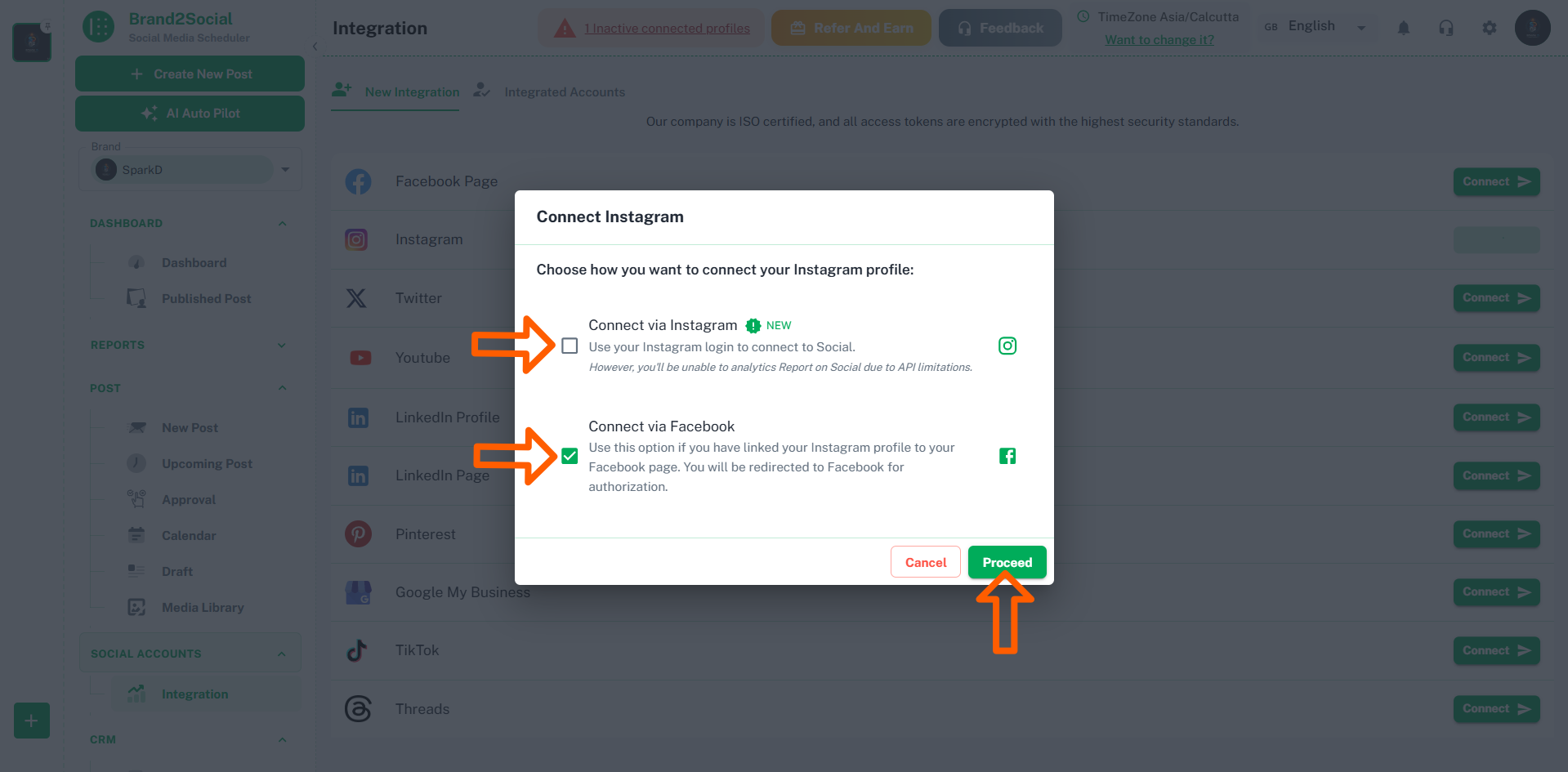 Instagram integration instructions screen in Brand2Social