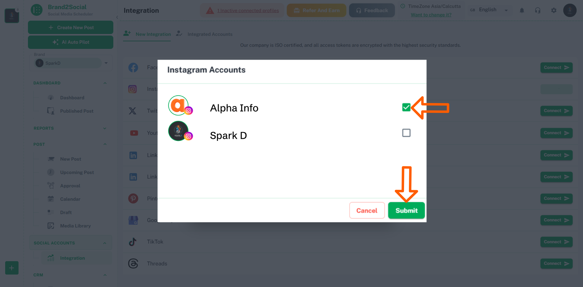 List of Instagram accounts available to connect in Brand2Social
