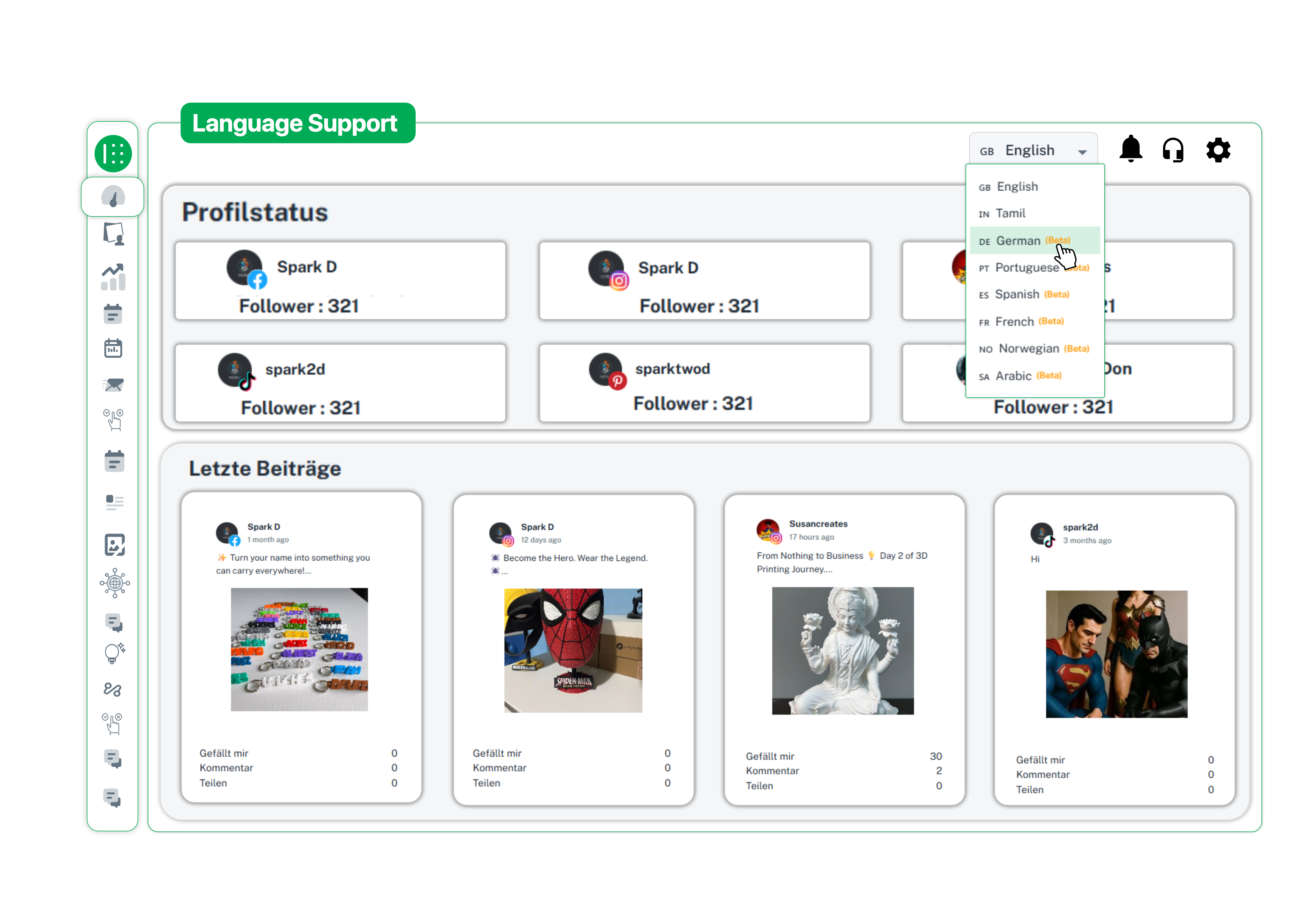 Social media profile status dashboard displayed in German with multi-language selection dropdown