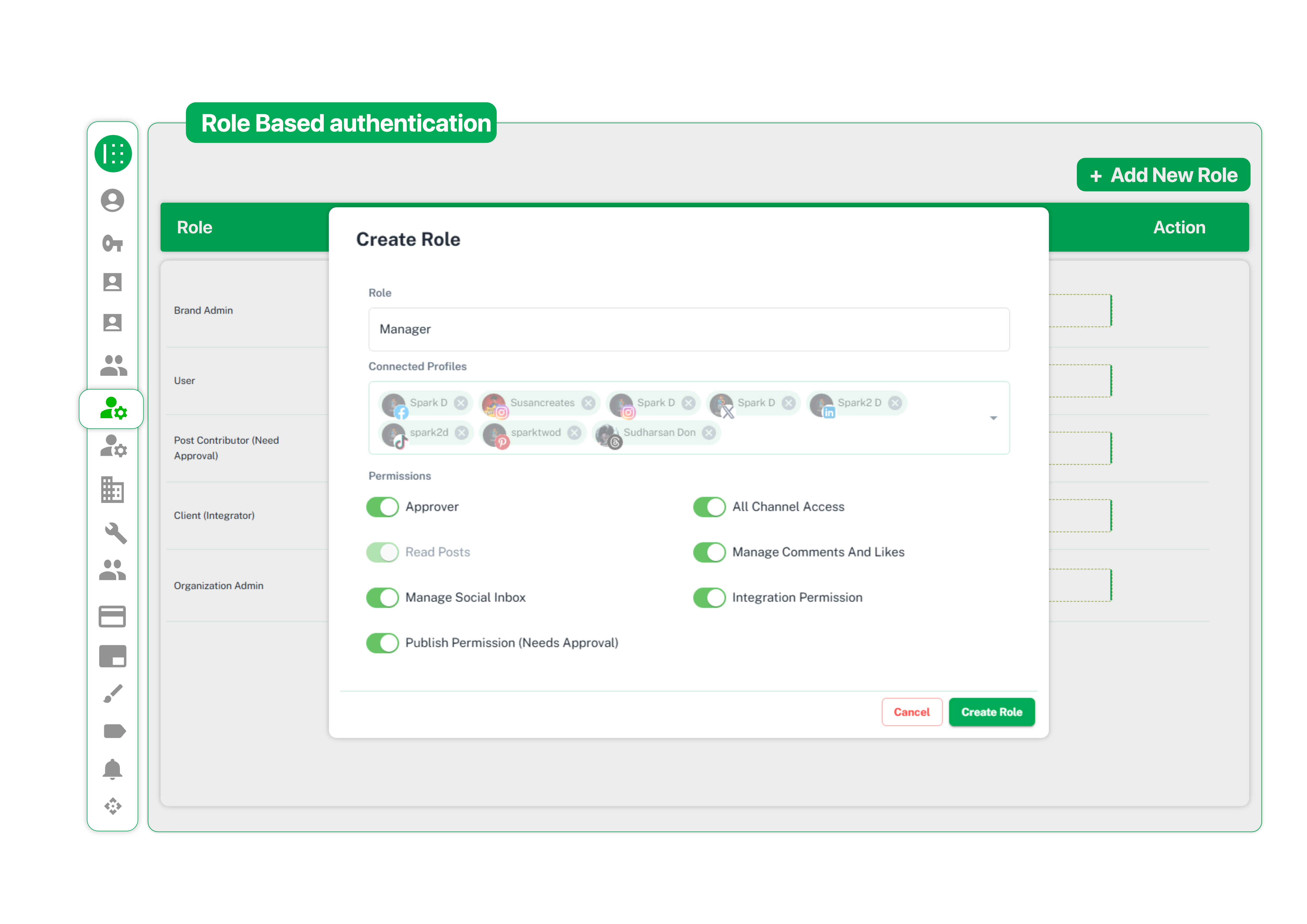 Role with Permissions in Role-Based Access Control create role modal with permission toggles and connected profiles in role based access control system