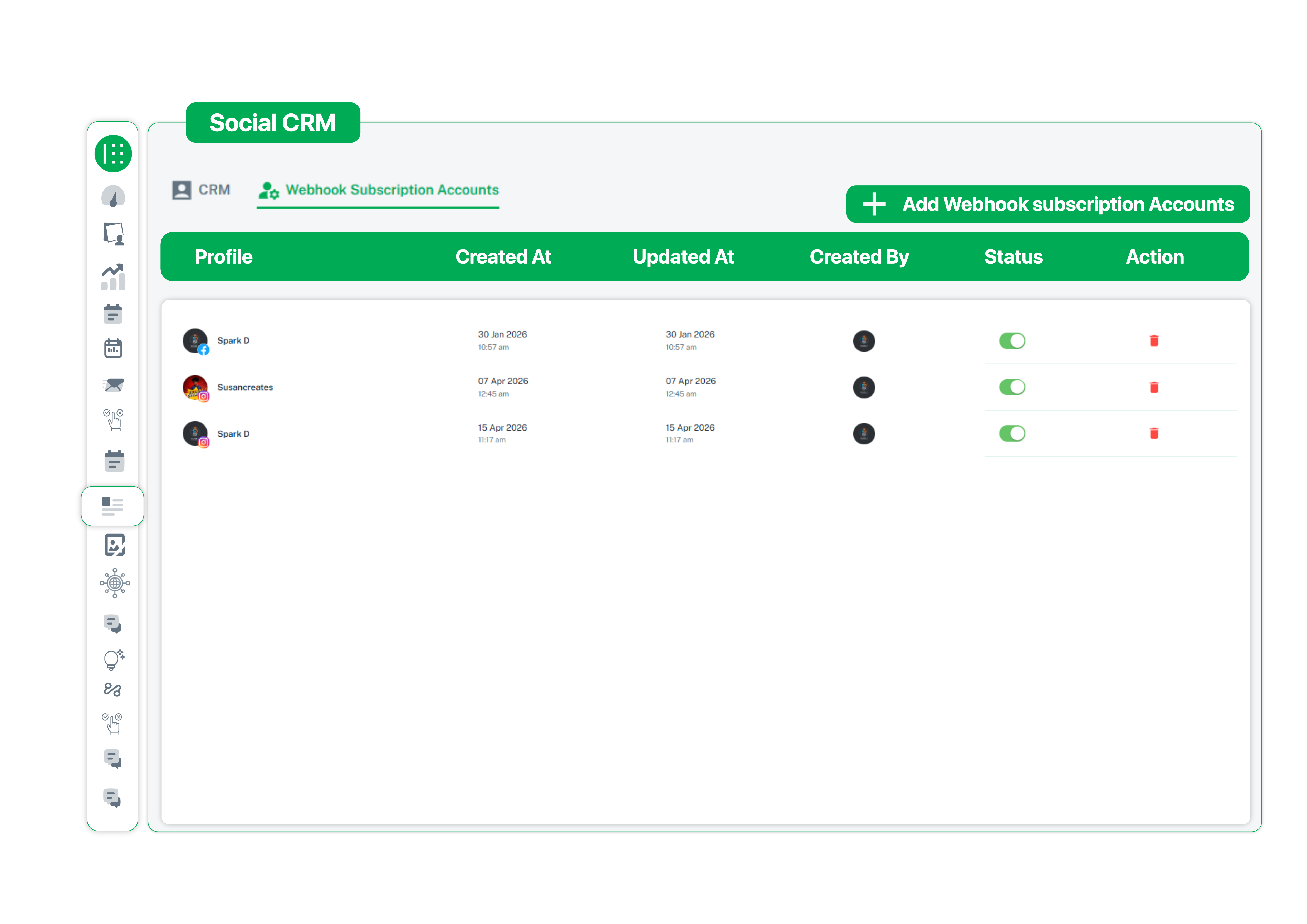 Seamless Webhook Account Integration Webhook subscription accounts panel in Social CRM dashboard