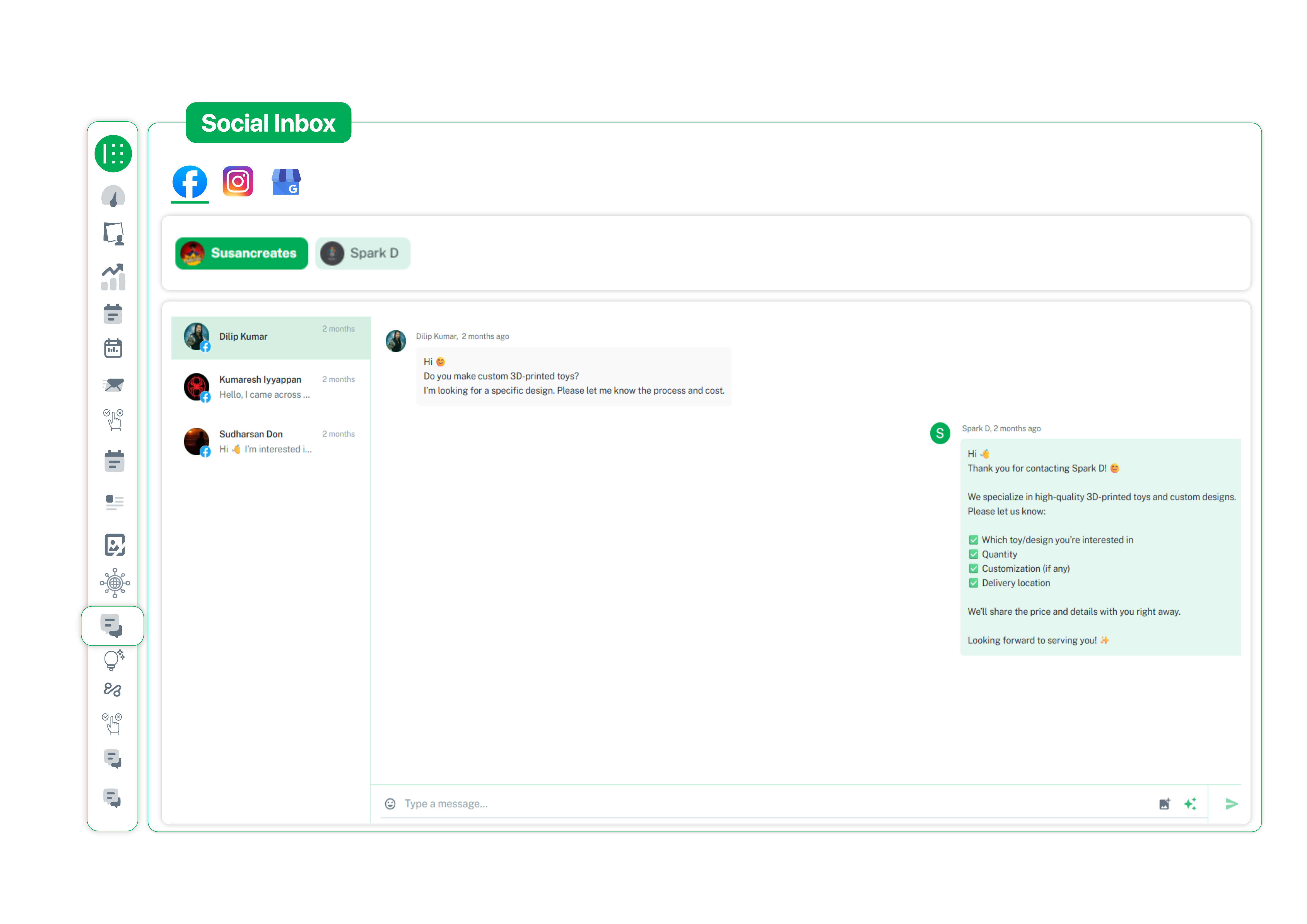 Reply to Facebook and Instagram DMs from One Place Social inbox showing Facebook and Instagram DM conversations in a unified chat view