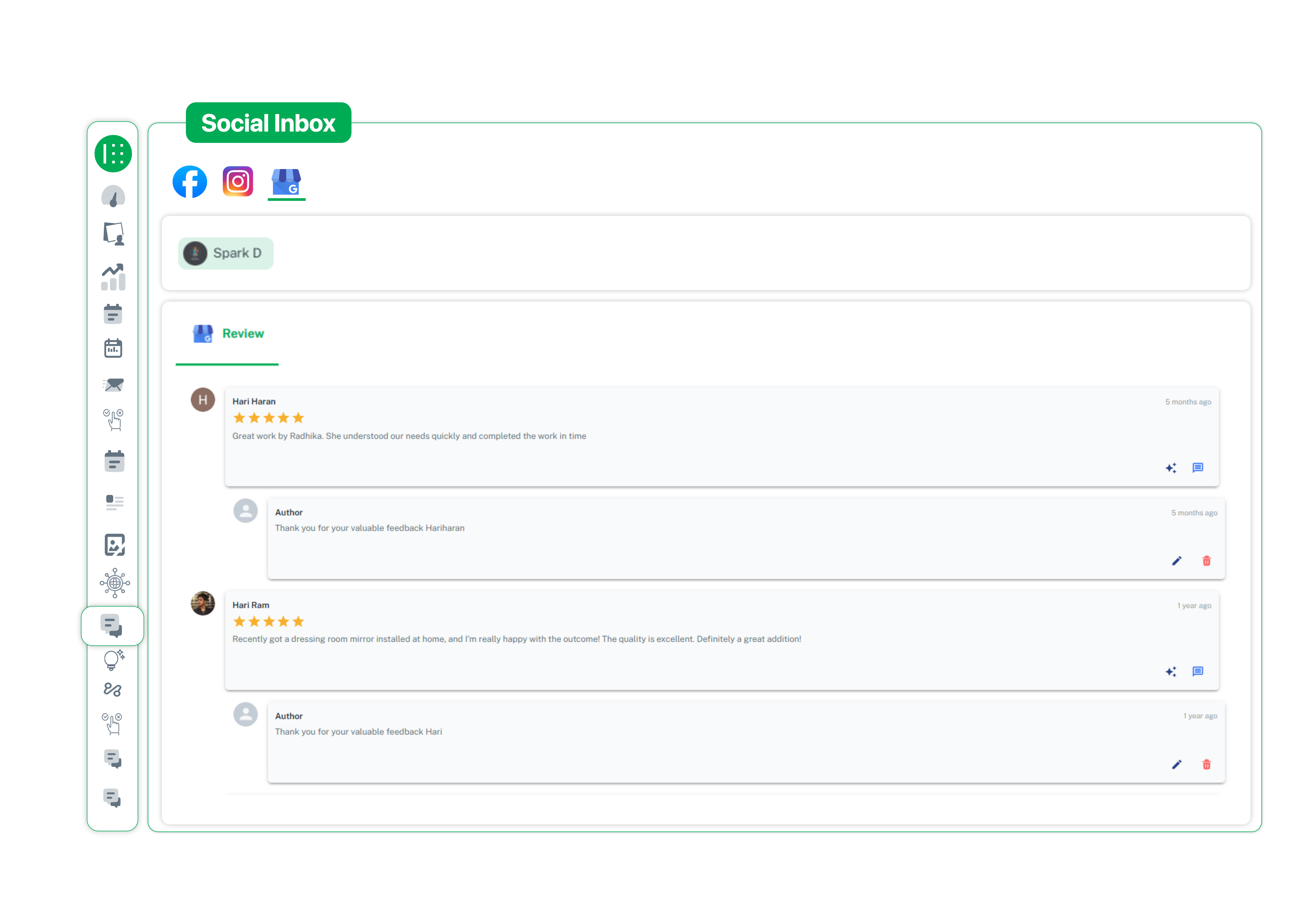 Manage and Reply to Google Reviews from Your Social Inbox Social inbox displaying Google Business reviews with star ratings and author reply options
